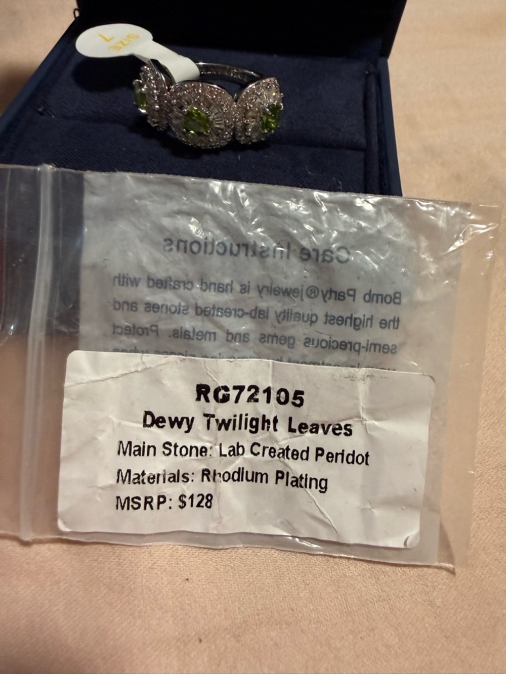 Bomb Party RG72105 “Dewy Twilight Leaves” Lab Created Peridot Rhodium Plating - Picture 5 of 6